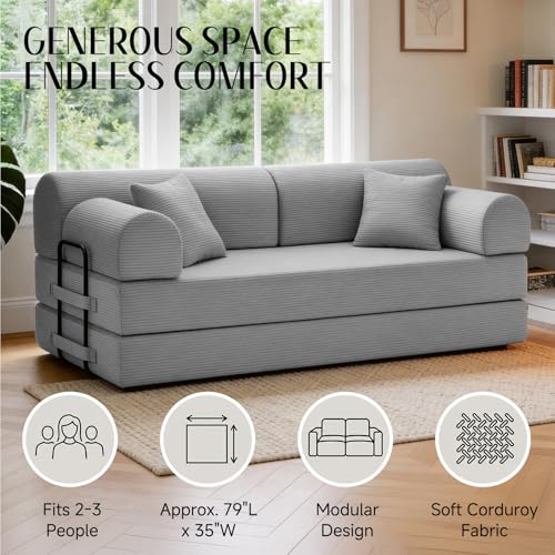 Image of 79'' Convertible Sofa Bed, 6 in 1 Folding Floor Futon Couch Sleeper with Fixed Frame, Corduroy Modular Sofa Bed with Removable Armrests & Pillows, No Assembly for Living Room Bedroom (Light Gray)
