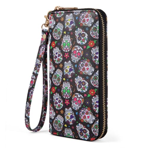 Nabegum Sugar Skull Wallet for Women, Halloween Wallet with Smooth Zipper