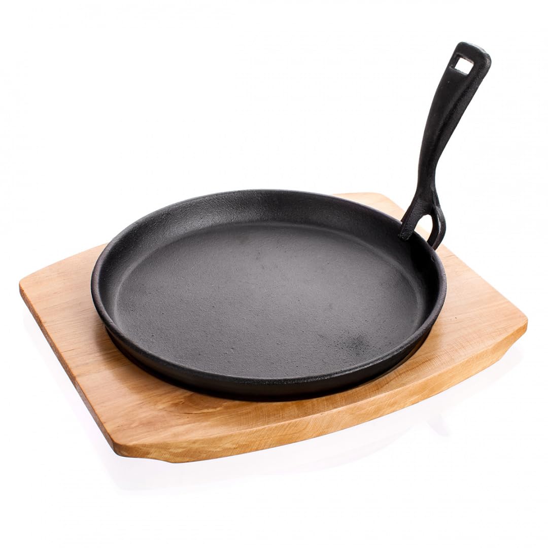 Banquet Cast Iron Round Sizzler Pan on Wooden Stand with Removable Handle, Black, 24 x 28.5 x 5.5 cm