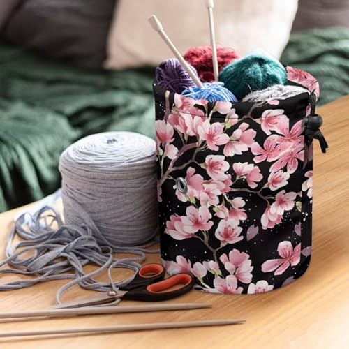 Image of Sellikakes Cherry Blossom Yarn Bag Organizer, Crochet Storage Case Round Knit Skein Ball Basket Crochet Supplies Accessories Organizer Store Skein Ball Short Knitting Needles