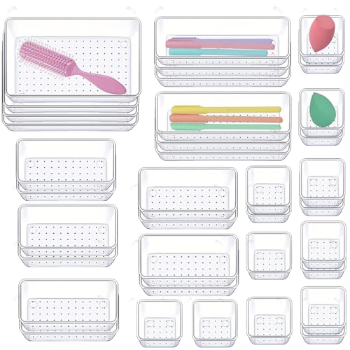 Lucfulyear Lot de 36 Organisateurs de Tiroirs en Transparent, Rangement Maquillage Tiroir avec 4 Tailles,Rangement Tiroir Bureau Pour...