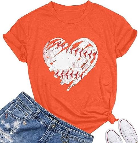 BEBNKGK Women's Baseball Shirts Women Baseball Heart Graphic Tees Game Day Shirt Heart Printed Short Sleeve Tops(Orange,M)