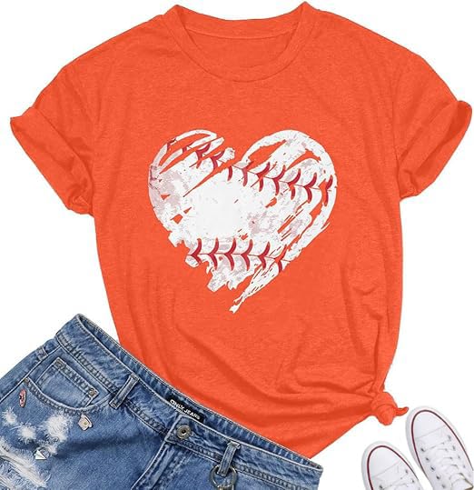 BEBNKGK Womens Baseball Shirts Women Baseball Heart Graphic Tees Game Day Shirt Heart Printed Short Sleeve Tops(Orange XL)