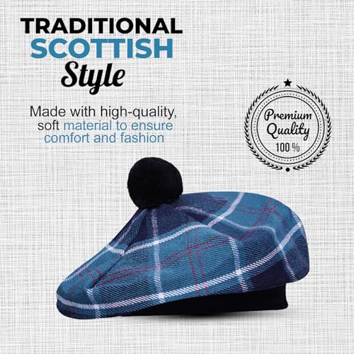 Image of Scottish Tam O' Shanter Hat Tartan Bonnet Pom Pom Wool Flat Cap One Size