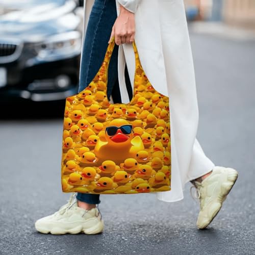Handbag Beach Bag Canvas Tote Bag Reusable Yellow Rubber Ducky With Sunglasses Printed Grocery Bags Shoulder Bags 7
