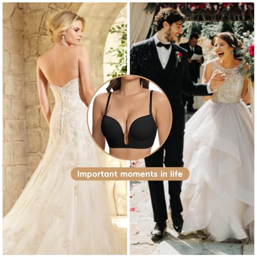 Image of JOYSHAPER Plunge Bras for Women Backless Push Up Bras Low Cut Padded Bras Shaper Convertible with Clear Straps Dress Bra