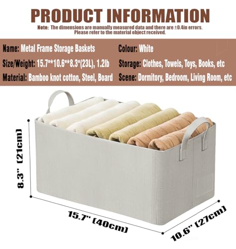 AARAINBOW 4 Pcs Closet Clothes Organizer with Handle, Fabric Storage Box with Steel Frame Stackable Shelf Storage Baskets Foldable Fabric Storage Baskets for Organizing Clothes Toys, 23L (B 4 White) - Image 6