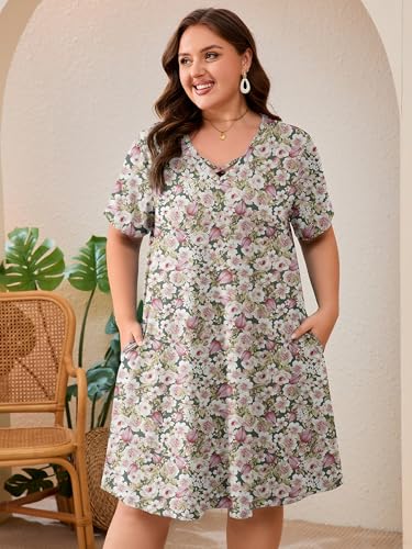 Image of AusLook Plus Size Midi Dress for Women Short Sleeve V Neck Criss Cross A Line Summer Casual Vacation Sundresses with Pockets