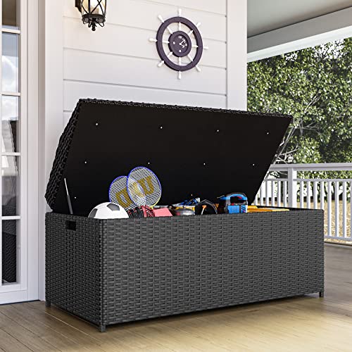 Greesum-65-Gallon-Rattan-Wicker-Deck-Box-Large-Outdoor-Storage-with-Wood-Bench-Surface-and-Dust-Bag-for-Patio-Furniture-Garden-Tools-Pool-Supplies-Weatherproof-and-UV-Resistant-Black Greesum 65 Gallon Rattan Wicker Deck Box Large Outdoor Storage with Wood Bench Surface and Dust Bag for Patio Furniture Garden Tools Pool Supplies Weatherproof and UV Resistant Black