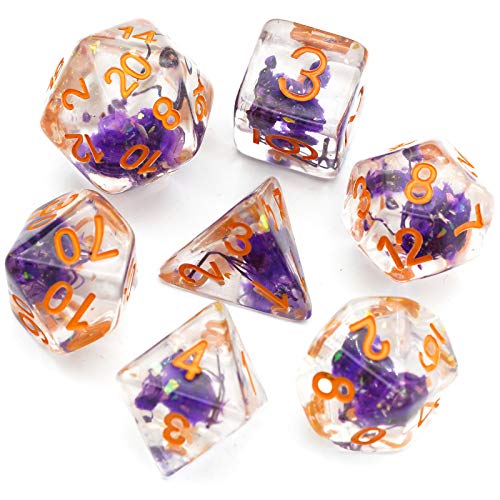 Cusdie 7-Die DND Dice, Polyhedral Dice Set Filled with Flowers, for Role Playing Game Dungeons and Dragons D&D Dice MTG Pathfinder (Purple w/Orange Numbers)