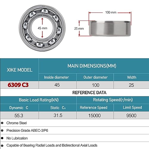 XiKe 1 Stück 6309 C3 Kugellager 45x100x25mm, Offene - Lagerstahl, Ideal für Automobil, Industriemaschinen, Landtechnik, Elektrowerkzeuge usw.