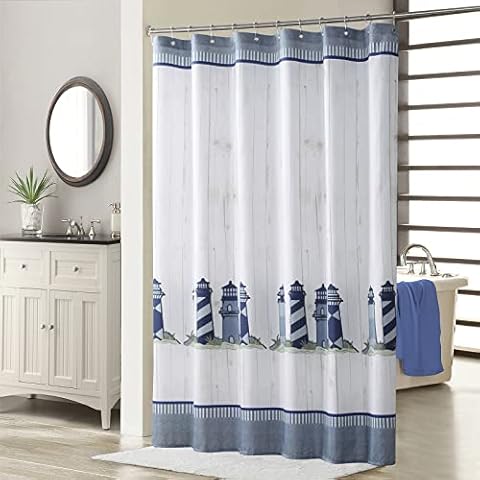 MVSUTA Lighthouse Printed Ocean Lt Gray Shower Curtain,Grey Waterproof Polyester White Fabric Stripes Bathroom Curtains,Small 54" W x 72" L Cover
