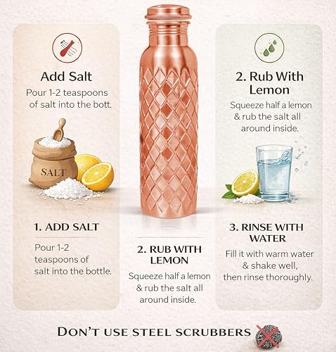 Image of Pure Copper Water Bottle, Copper Drinking Bottle Diamond Cut , 32 oz | 100% pure copper, Ayurvedic Tamra Jal vessel, leak-proof screw cap, cleaning brush included, reusable