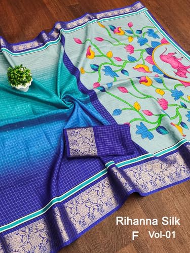 Image of TUSHANA Kalamkari Floral Prints Dola Silk Saree With Rich Zari Border Designer Pallu Attach Blouse Piece