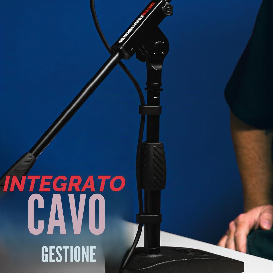 Gator Frameworks Supporto per Microfono con Base Pesata Corta, Impugnatura Morbida a Scatto, Braccio a Tromba e Montature da 3/8" e 5/8"; Dimensioni della Base - 4,5" X 8" (GFW-MIC-0821)