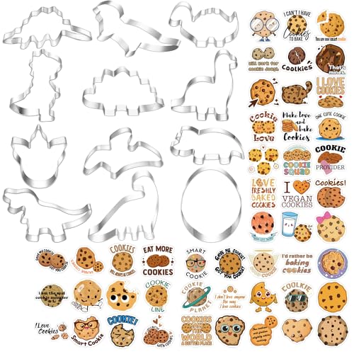 12 piezas cortadores de galletas para niños con 50 pegatinas de dibujos animados de galletas, cortadores de galletas de dinosaurio, juego de moldes de fiesta de dinosaurios para niños