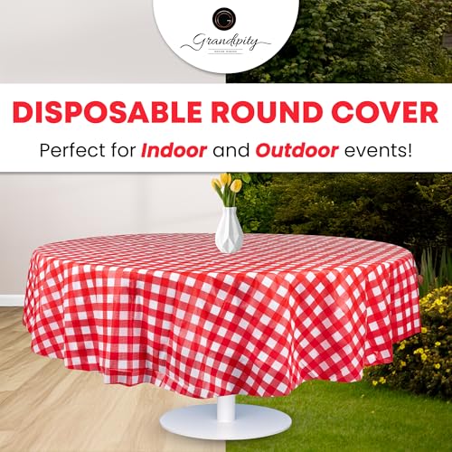 Image of Grandipity Plastic Table Cloth Disposable 12 Pack 84 inch Round Red Gingham | Plastic table covers, durable disposable tablecloths, fade and tear-resistent table cover for party, event