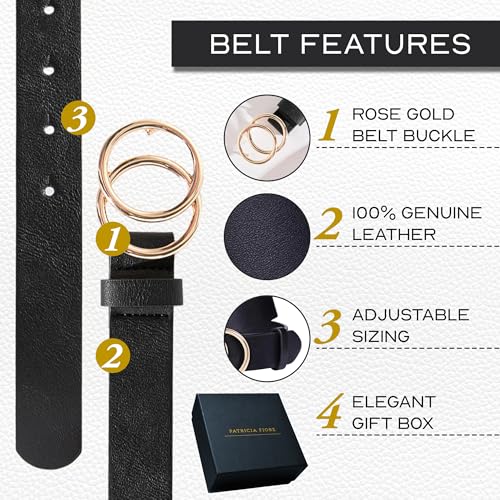 Fashion Leather Belt For Women - Design in Italy Double Buckle Belt Leather(M), Black2