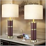 KIVDITZO Woven Leather Table Lamps Set of 2, Lamps for Night Stands, 25' Bedside Lamps with USB A+C Ports, Linen Shade, Modern Table Lamps for Bedroom Living Room Office Reading(Bulb Included)