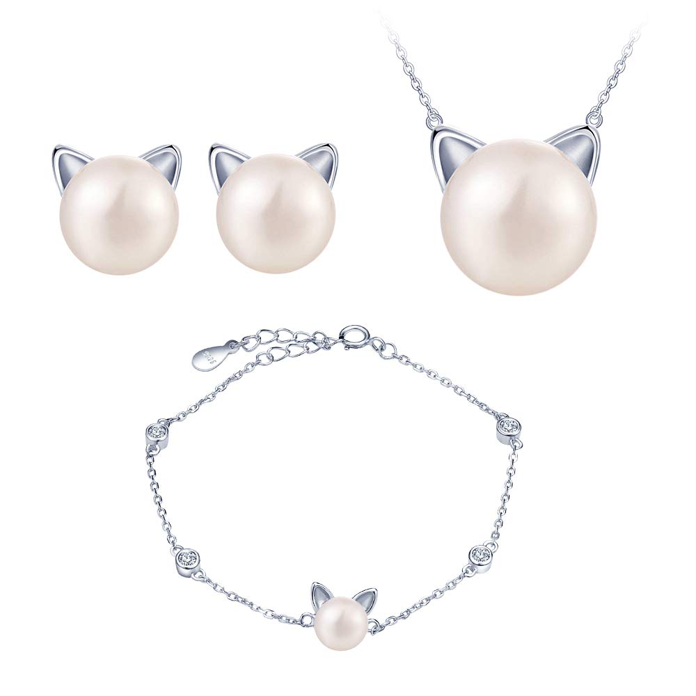 Yumilok Collar y pendientes de plata esterlina 925 para mujer, joyas de perlas, collar y pulsera de gato, aretes de oreja de gato, decorados con circonita cúbica, juegos de joyas