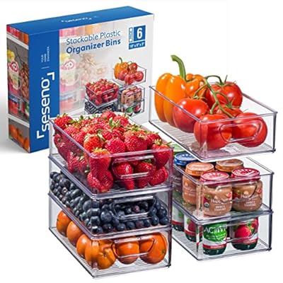 Set Of 6 Refrigerator Organizer Bins - Stackable Fridge Organizers with Cutout Handles for Freezer, Kitchen, Countertops, Cabinets - Clear Plastic Pantry Food Storage Rack