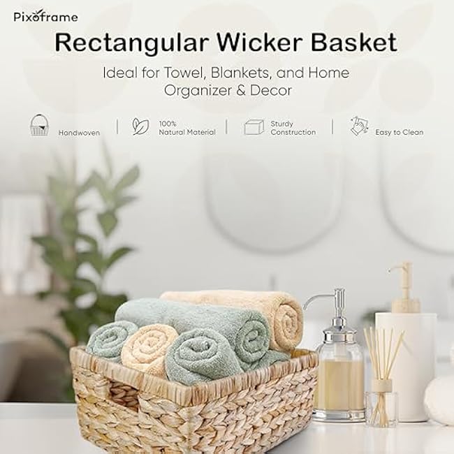 Large Rectangular Handwoven Wicker Basket - Natural Water Hyacinth Storage Baskets with 2 Built-in Handles - Ideal for Towel, Blankets, and Home Organizer & Decor - 16.5x13x7.50 - Brown