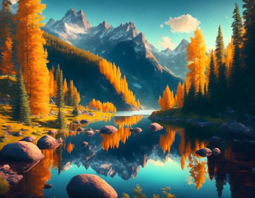Toile murale arbres et lac paysage de montagne deco mur 58x90cm