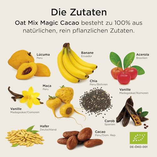 SOOPER FOOD Magic Cacao Oat Mix | Veganes Bio Haferdrink-Kakaopulver | mit Bourbon Vanille, Lucuma & Maca Pulver | Ohne Zuckerzusatz | Glutenfrei & ohne Zusatzstoffe | 15 Portionen | 250g