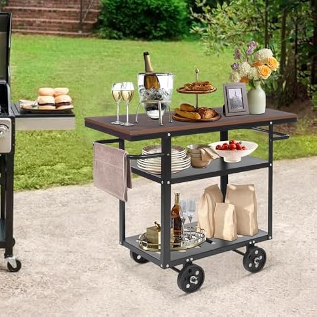 Industrial Rolling Bar Cart with Wheels, Vintage Rolling Bar Cart on Wheels Industrial Mobile Serving Cart Metal and Wood Design for Kitchen Bar Office Coffee House 3 Tier with 2 Side Handle-NGtzjKiY