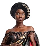 Generic Elegant African Auto Gele Women's Turban Cap Nigeria Wedding Aso Oke Gele Ready to Wear Sego Headtie with Diamonds Party Headwear (One Size,Black)