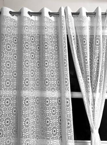 Image of Fabrilia Geometric Pattern Net Semi Sheer Grommet Curtains for Living Room /Bedroom, 5 feet Window, White, Set of 2