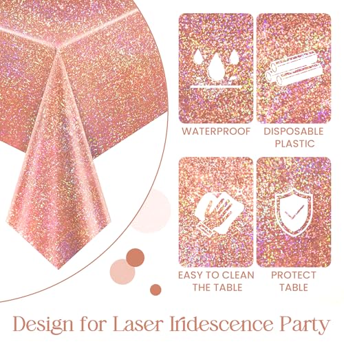 Image of 1 Pack Rose Gold Holographic Tablecloth 40 x 108 inch, Iridescent Shiny Plastic Rectangle Table Cover for Bachelorette Party, Bridal Shower, Wedding, Birthday, Anniversary and Baby Shower Decorations
