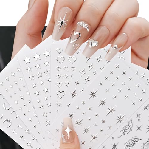 Aikeis 7 hojas de pegatinas de uñas plateadas metálicas con espejo para mujeres 3D Starburst Love Heart autoadhesivas para uñas, pegatinas de uñas Y2k mariposa