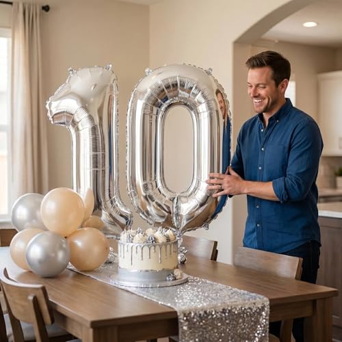 Image of Number 10 Balloon Foil Mylar Balloons for Birthday Party Decoration (Silver, 40 Inch)
