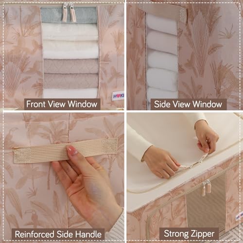 Image of HOKIPO 24L(S) Clothes Storage Box, 600D Oxford Fabric Organiser for Wardrobe, Beige Botanica Pack of 1 (AR-6484-BGE)