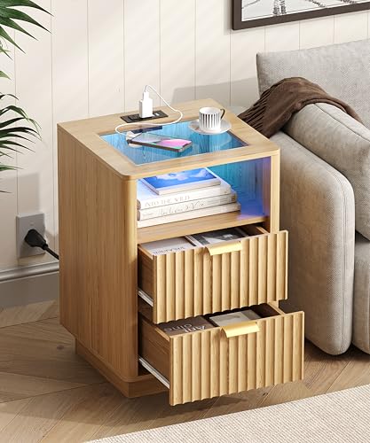 Fluted Nightstand with Charging Station, 15″ Wide End Table with Storage Drawers, LED Light & Glass Top, Curved Profile, Wooden Bedside Table for Bedroom, Natural Oak