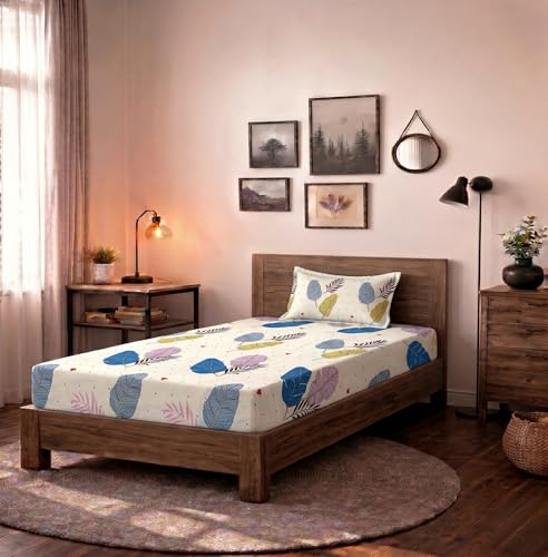 Image of HOMEKART (110 TC & 110 GSM 100% Cotton Feel Bedsheet for Single Bed with One King Size Pillow Covers Soft /Breathable Wrinkel Free -60x90 Inches - (White & Blue && Grey)