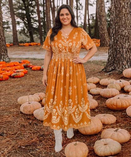 Image of CARCOS Plus Size Dresses for Curvy Women V Neck Summer Maxi Dress Short Sleeve Floral Boho Dress Smocked Waist Beach Dress
