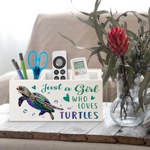 Image of Gifts for Turtle Lovers Wooden Pen Pencil Holder for Classroom Office Desk Accessories, Sea Turtle Gifts for Women Girls, Just a Girl Who Loves Turtles Makeup Brush Toothbrush Holder Organizer