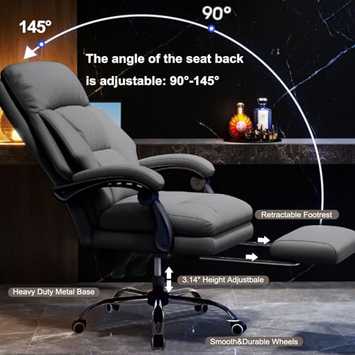 Image of Office Chair with Retractable Footrest Comfortable Executive Desk Chair, Heavy-Duty Ergonomic Leather Chair, Adjustable Height Computer Gaming Chairs for Home Office