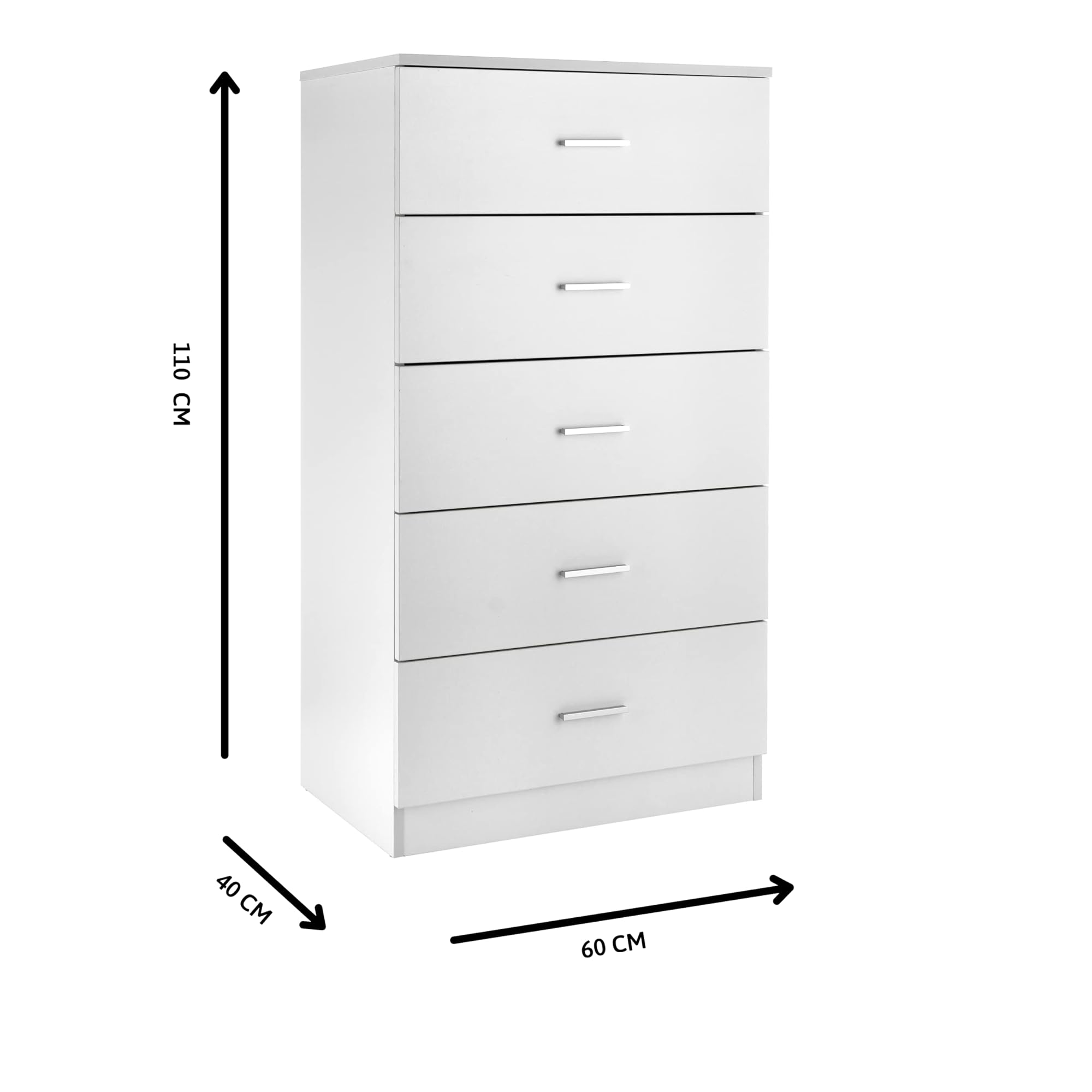 Baroni Home Cajonera de 5 cajones de Nobilitado, Mueble Moderno de Dormitorio o salón, Cómoda, Blanco, 60x40x110 cm