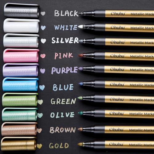 Ohuhu Premium Metallic Marker Pens Fine Tip, Set of 10 Glitter Paint Pen Metallic Marker for DIY Birthday Greeting Card Making Black Paper Scrapbook Photo Album Rock Painting Glass Father's Day
