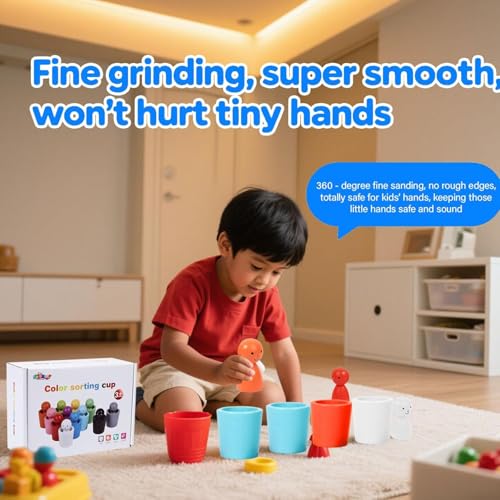Image of SHINETOY 12PCS Color Sorting Cup with Wooden Bowls | Matching Game for Toddlers 3-6 | Montessori STEM, Math & Sensory Learning Toy