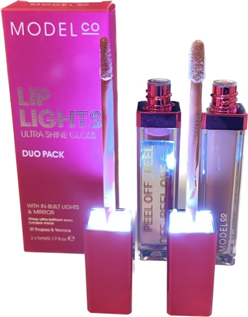 ModelCo Lip Lights Ultra Shine Creamy Gloss | Duo Pack | With-In-Built LED Lights & Mirror