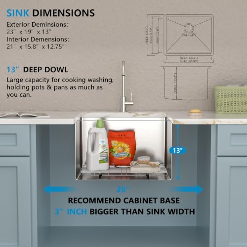 Image of 23 inchx19 inch Undermount Laundry Utility Sink Workstation - 16 Gauge 304 Stainless Steel, 13 Inch Deep Single Bowl Under Counter Sink Basin for Laundry Room, RV or Utility Use