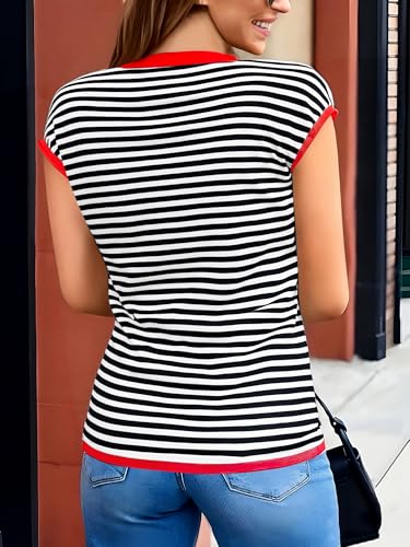 Cap Sleeve Tops for Women Summer Striped Short Sleeve Sweater Top Crew Neck Sleeveless Vest Spring Going Out Shirts2