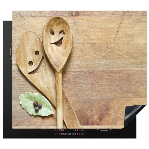 KitchenYeah© Protection Plaque Induction 60x52 cm Protege Deco Cuisine Cache Protège De Cuisson Accessoire Bois - Cuillères - Marron - Smiley