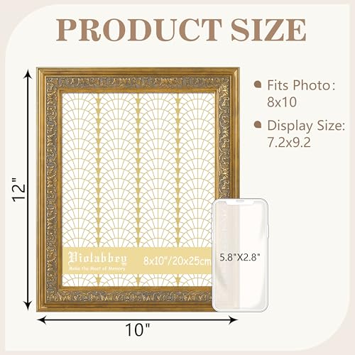 Image of VIOLABBEY 8x10 Picture Frame Gold, Vintage Frames Ornate without Mat | Antique Photo Frame, Wall Hanging or Tabletop Display, HD Plexiglass, Wall Decor
