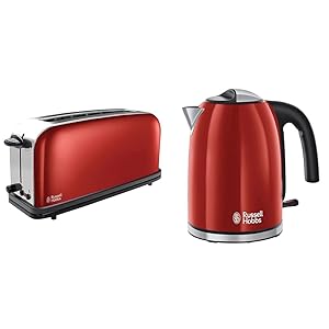 Russell Hobbs 21391-56 Colours Plus - Tostadora, Ranura Larga y Ancha, para 2 Rebanadas, Acero Inoxidable + Hobbs Colours Plus - Hervidor de Agua Eléctrico (2400 W, 1,7l, Acero Inoxidable, Rojo)