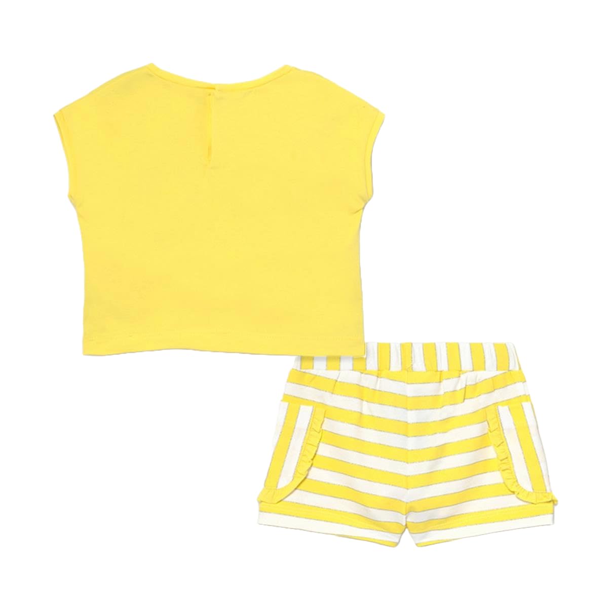 Sommer-Set für Mädchen, 2-teilig, gelbes T-Shirt mit Druck, Shorts mit weißen und gelben Streifen, Freizeitanzug, bequemes und buntes Outfit für den Sommer 1229
